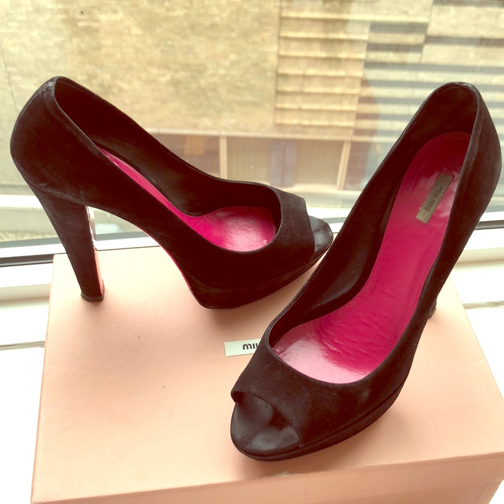 Miu Miu Black Suede Open Toed Pumps